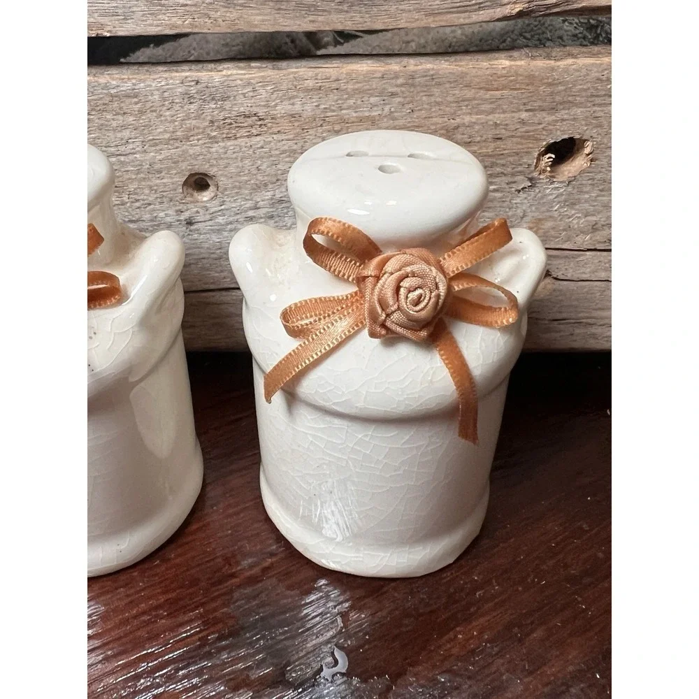 Ceramic Milk Cans Salt and Pepper Shakers Country Style Silk Ribbon Rose Vintage